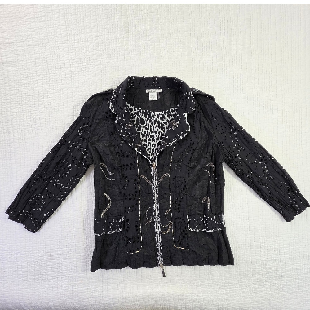 Y2K Dark Glam Cheetah Embellished Mixed Media Cutout Moto Coat Womens Large